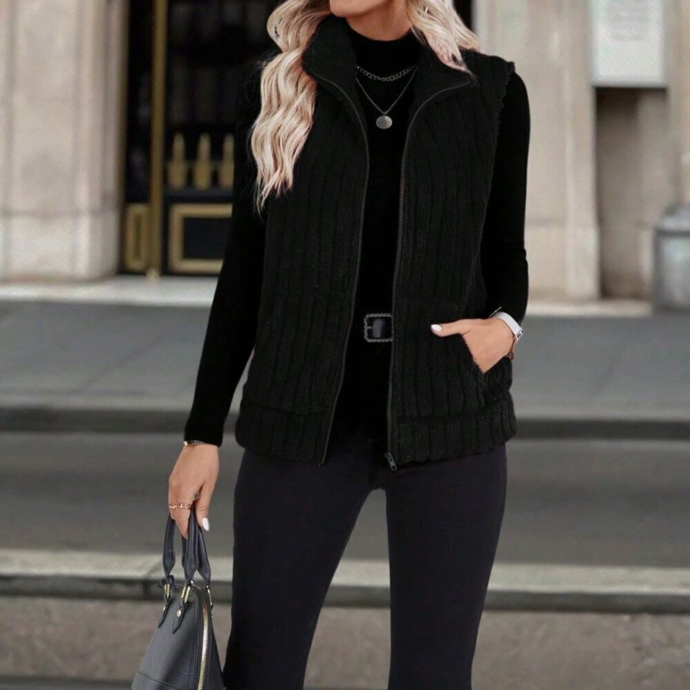 Black Casual Women's Zip-Up Stand Collar Vest Jacket